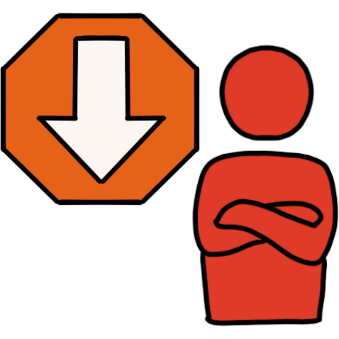 on the left, an orange octogon with a white downwards arrow; on the right, a red figure with crossed arms.